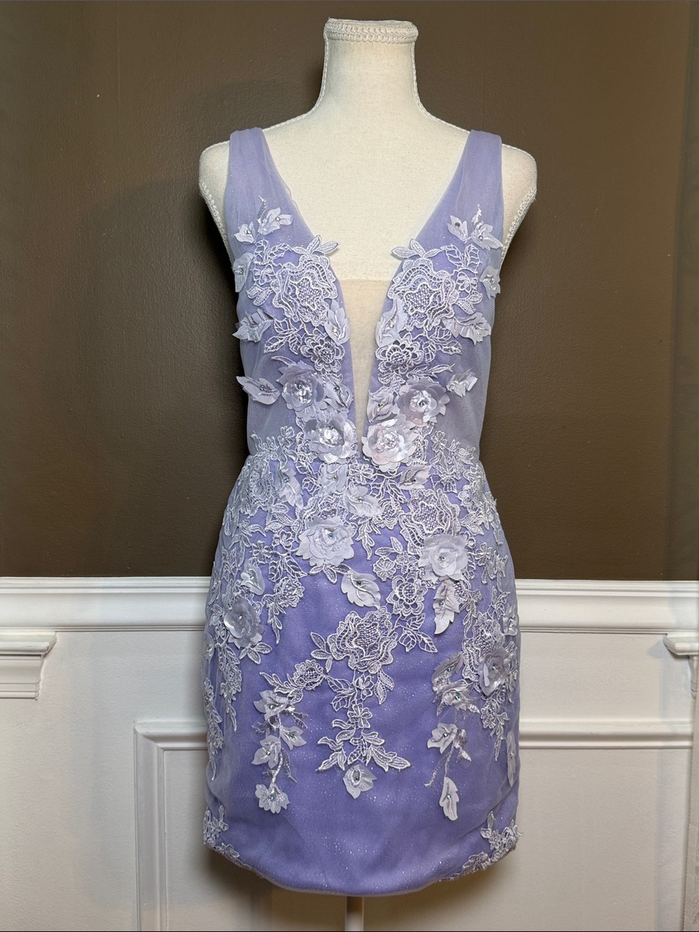 Lilac 3D Floral Appliqué Glitter Mesh Mini Dress Size 6 Prom Cocktail‎